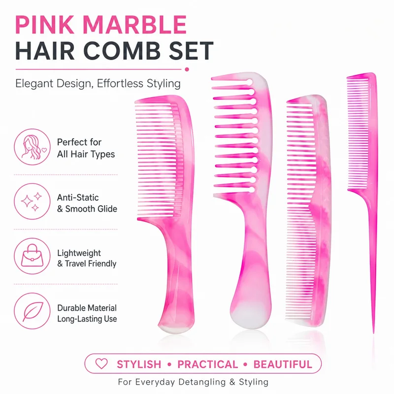 Pink Marble Hair Comb Set Anti Static Wide Tooth Detangling Comb Rat Tail Comb Portable Hair Styling Tools For All Hair Types
