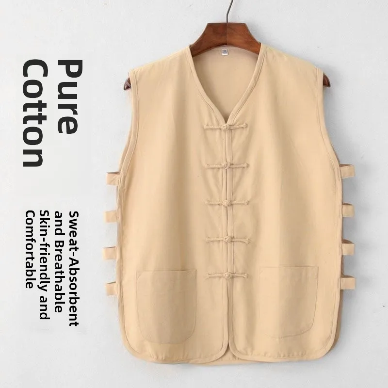Pure Cotton Men's Sleeveless Tang Suit Vest Chinese Style Button Backless Summer Casual Wear Mid-aged Men's  Color Top