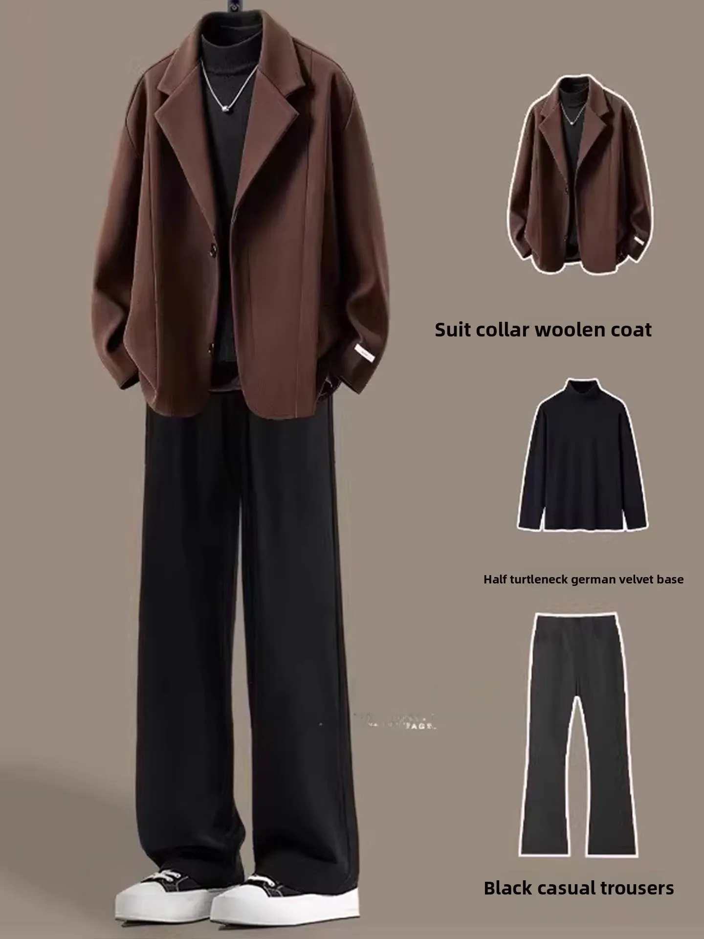 

Brown Tweed Men's Suit Jacket Casual Spring Fashion Korean Style Complete Set High-End Feeling Cool Handsome Leisure Suit
