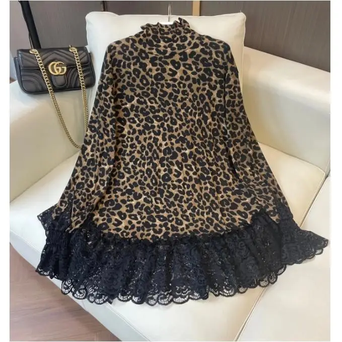 

Весенне-осенняя модная базовая рубашка с леопардовым принтом, кружевной верх, свободная кружевная одежда с длинными рукавами