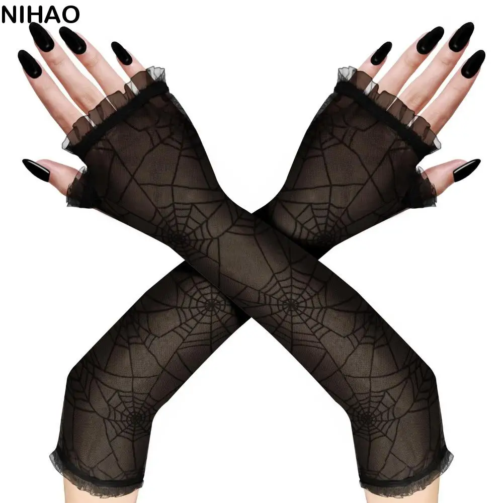 

Fancy Thin Halloween Gloves Gothic Lolita Spider Web Gloves Hand Cuff Half-Finger Mesh Mitten Driving