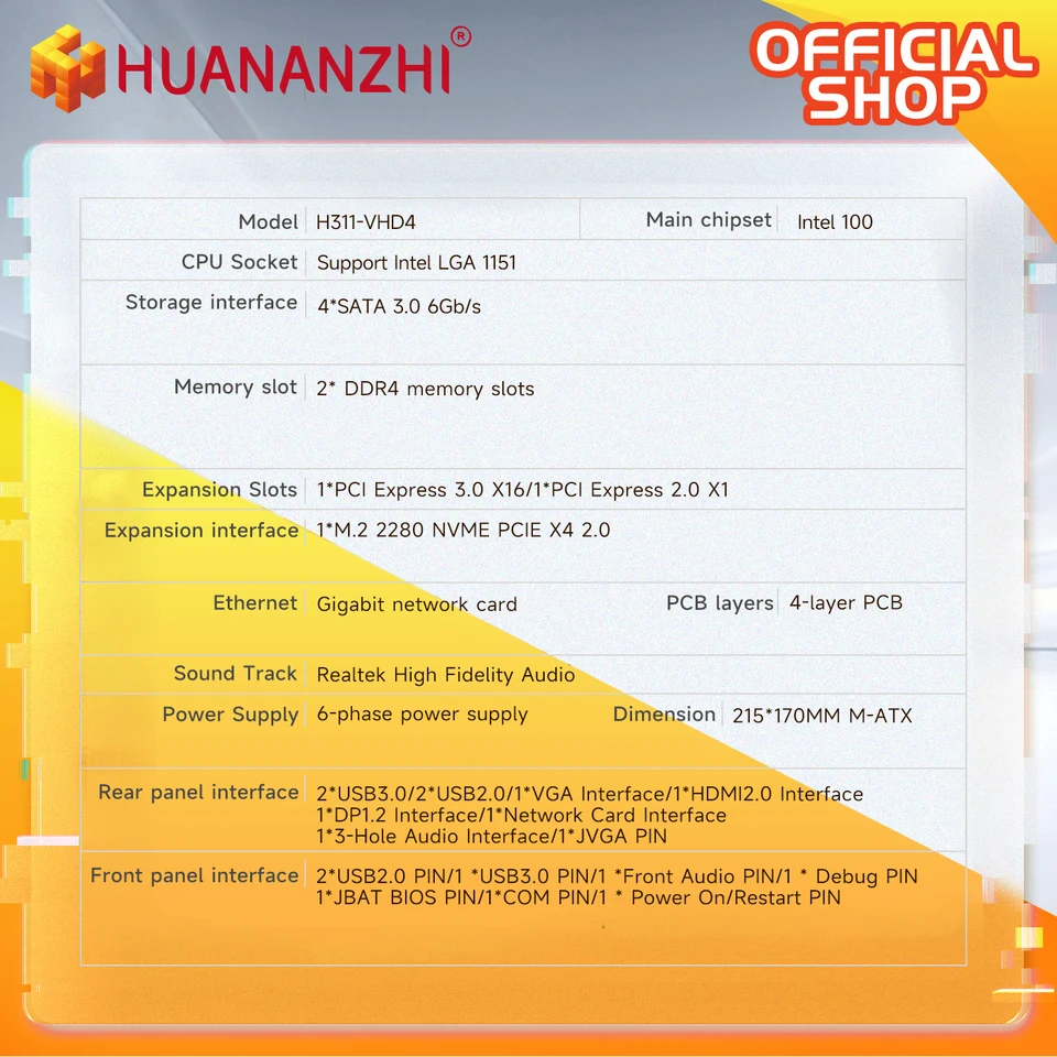 New HUANANZHI H311 VHD4 Motherboard LGA 1151 Support  Core I3/i5/i7 6th/7th/8th/9th E3 V5 CPU DDR4 Memory 32GB