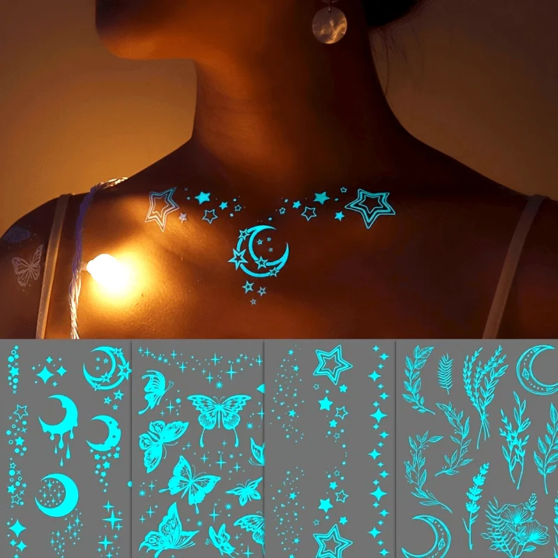 4 sheets of glow-in-the-dark blue glow temporary tattoo stickers - moon, stars, butterflies, bracelet necklace tattoos for face