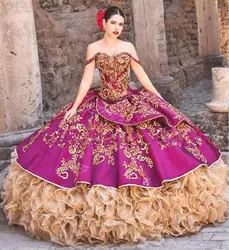 Fuchsia Gold Charro Quinceanera Dresses Ball Gown Off The Shoulder Appliques Mexican Sweet 16 Dresses 15 Anos Customized