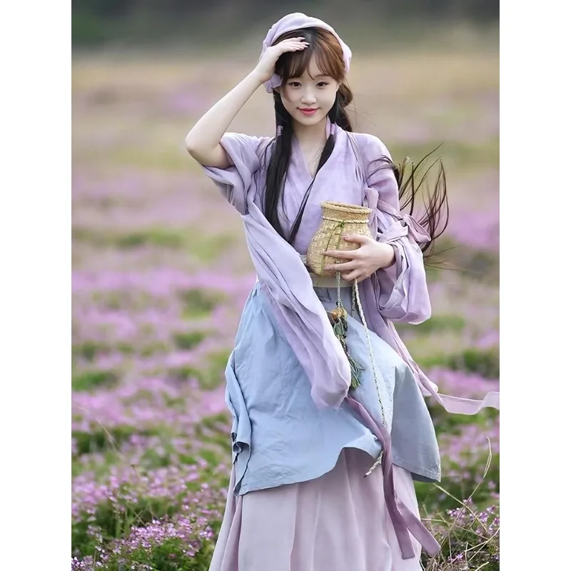 2026 New Pink Song Style Hanfu Pastoral Tea Picking Folk Ancient Costume
