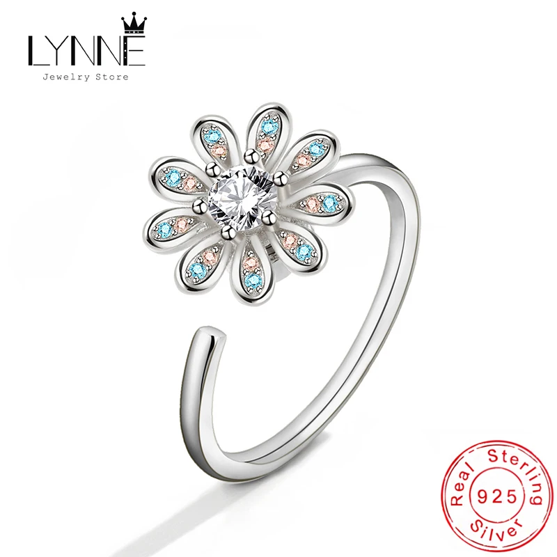 

New Elegant Peacock Blue Rhinestone Rotatable Sunflower Flowers Adjustable Rings Women 925 Sterling Silver Fashion Jewelry Gift