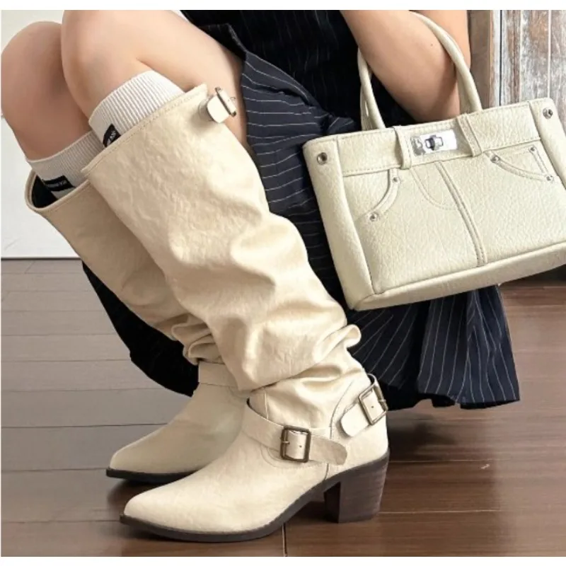 

New Style Fashion Women Knee High Boot Vintage Woman Suede Sole Luxury Western Style Line Dancing Dance Boots Zapatos Mujer