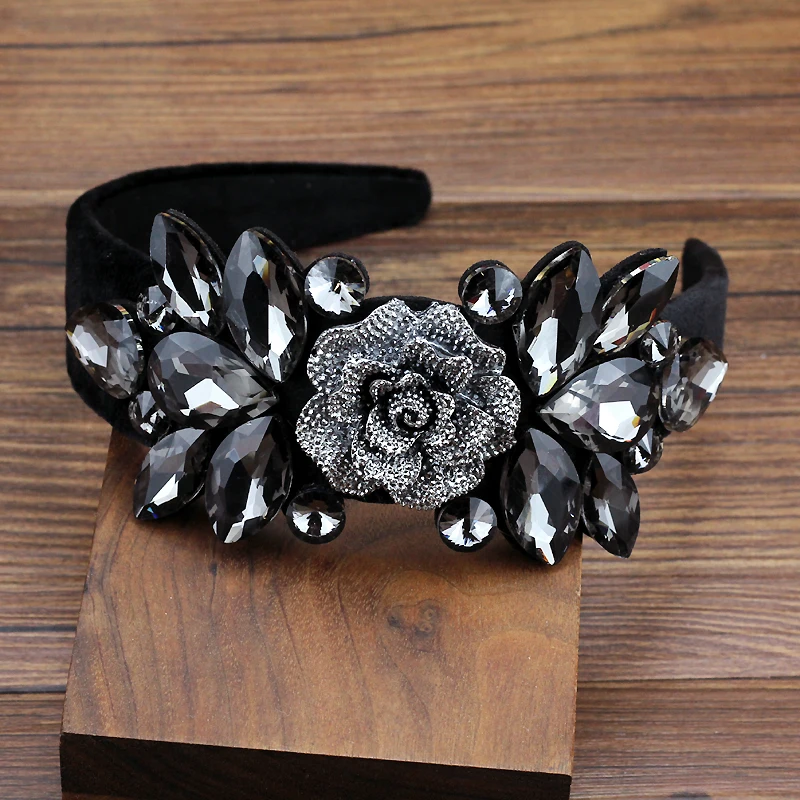 Women Luxury Hair Jewelry Rhinestone Baroque Headband Gorgeous Black Crystal Big Flower Hairband For Wedding Party