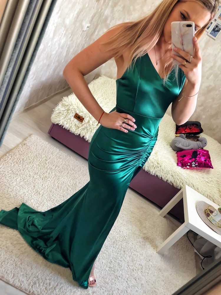 Sexy V Neck Sleeveless Long Satin Dress Evening Wedding Party Bridesmaids Split Mermaid Gown