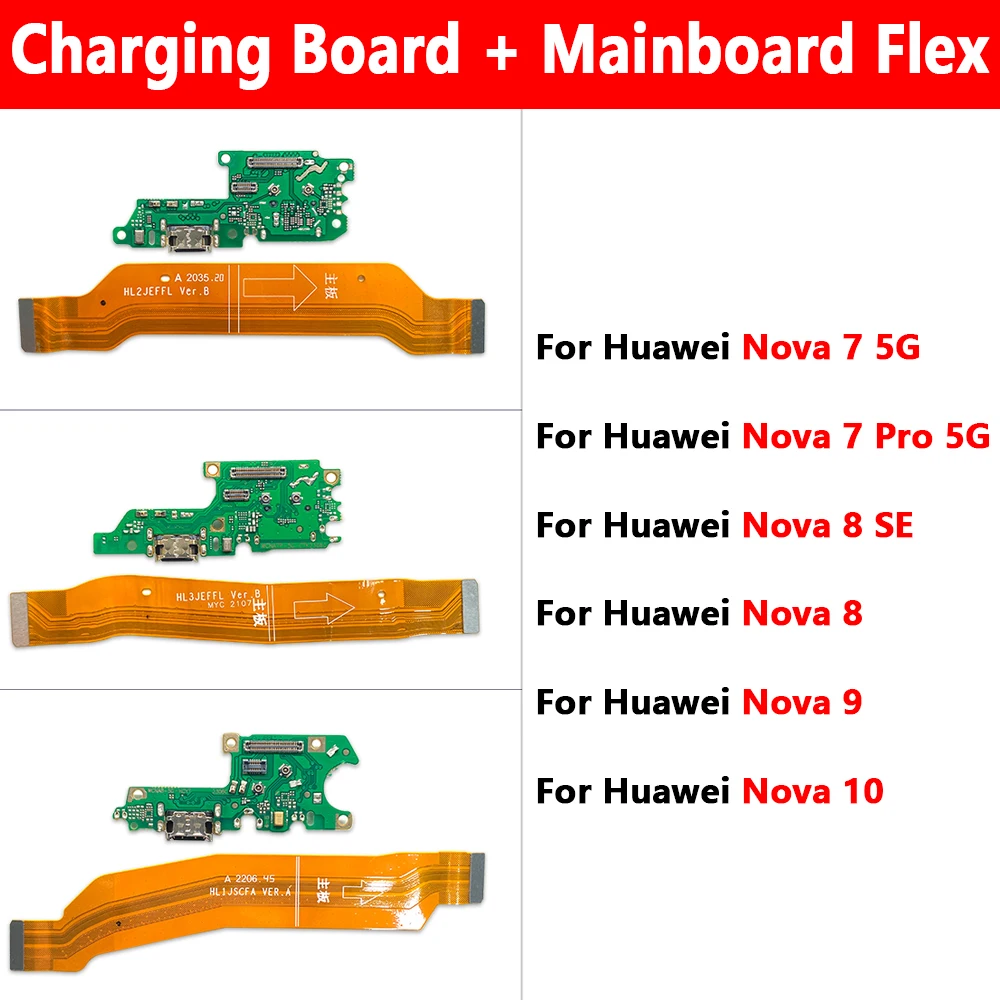 1Pcs USB Charging Port Board Flex + 1 Pcs Mainboard Flex Connector Charger LCD Screen Flex Cable For Huawei Nova 7 Pro 8 Se 9 10