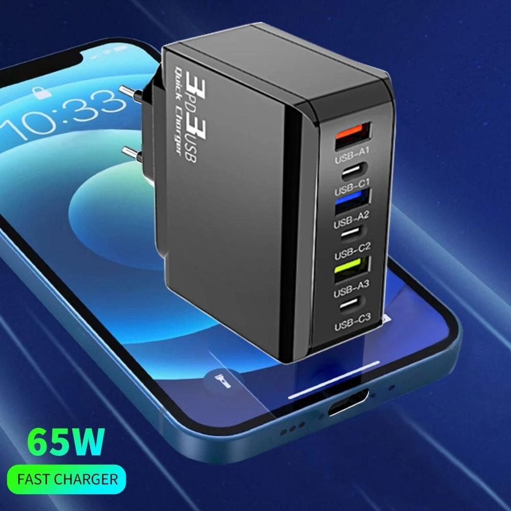 65W Multi-port USB PD Charger Fast Charging Phone Adapter Travel Charger For iPhone 15 14 Samsung Xiaomi Mobile Phone Adapters