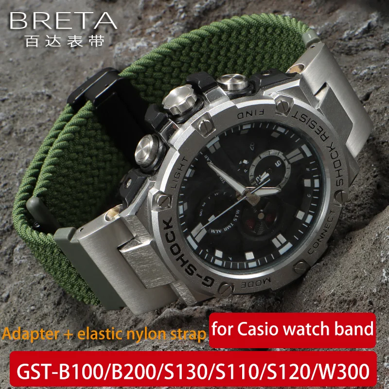 Stainless steel adapter + elastic nylon watchband for Casio GST-B200/B100/S130/S110/S120/W300 Replace Wristbands Men's bracelet