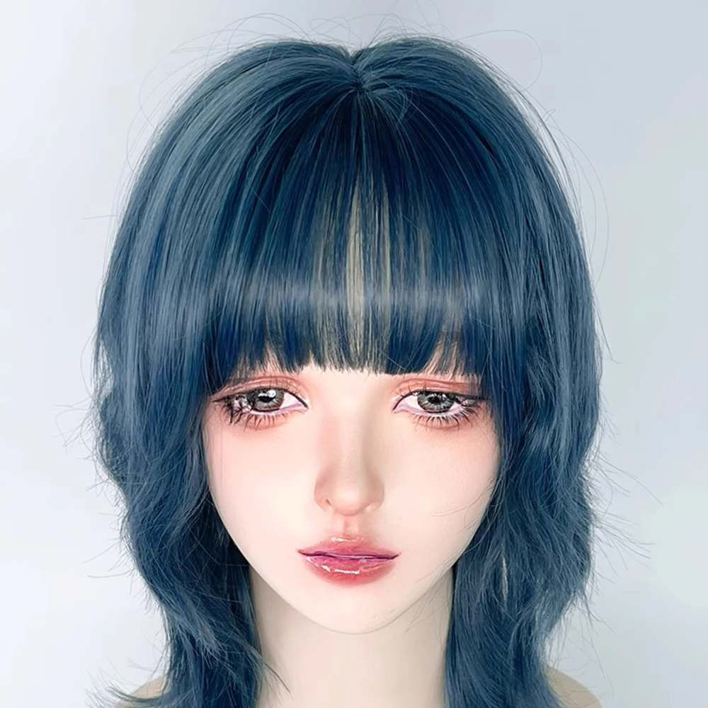 VICWIG Blue Synthetic Mullet Head Wig with Bangs Short Straight Natural Anime Women and Men Cosplay Hair Wig for Daily Party