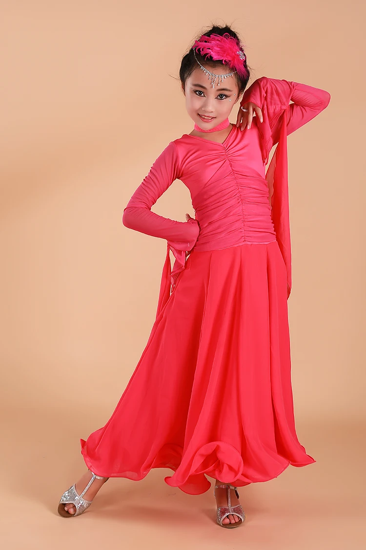 Girls Child Long Sleeve Tango Rumba Samba Flamenco Waltz Dance Competition Dress Dancewear Kids Standard Ballroom Dance Dress