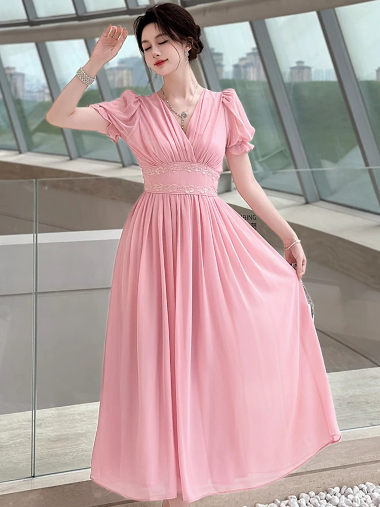 Women Vacation Clothes Chiffon Sweet Pink Short Sleeve Corset A-Line Long Dress Elegant Evening Party Prom Vestidos Robe Casual