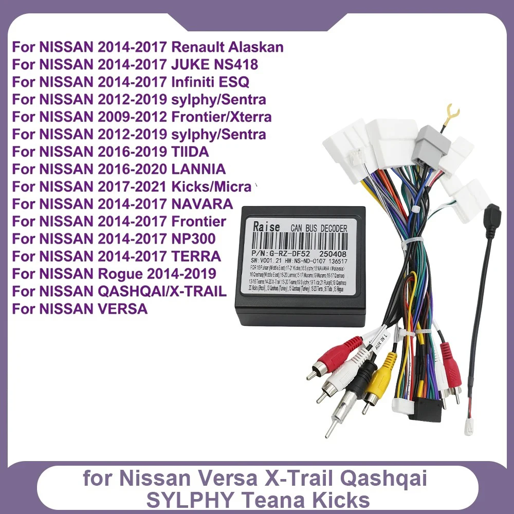 16 Pin Plug Android System Radio for Nissan Versa X-Trail Qashqai SYLPHY Teana Kicks Canbus Decoder with Wiring Harness