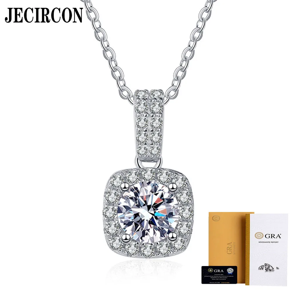 

JECIRCON S925 Sterling Silver Pendant Necklace for Women Classic Square Bag 1ct/2ct Moissanite Pendant Plated PT950 Neck Chain