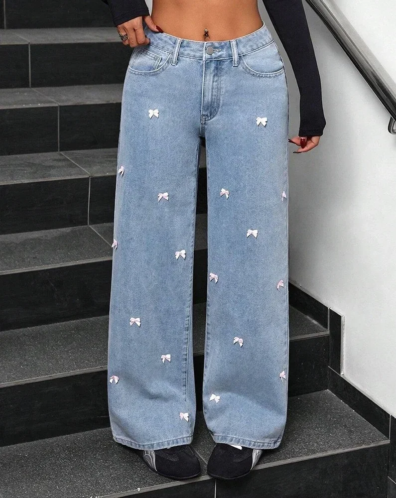 

Jeans Wide Leg Pants Women Denims High Waist Bow Washed Distressed Straight Trousers Female Vintage Floor Length Streetwear