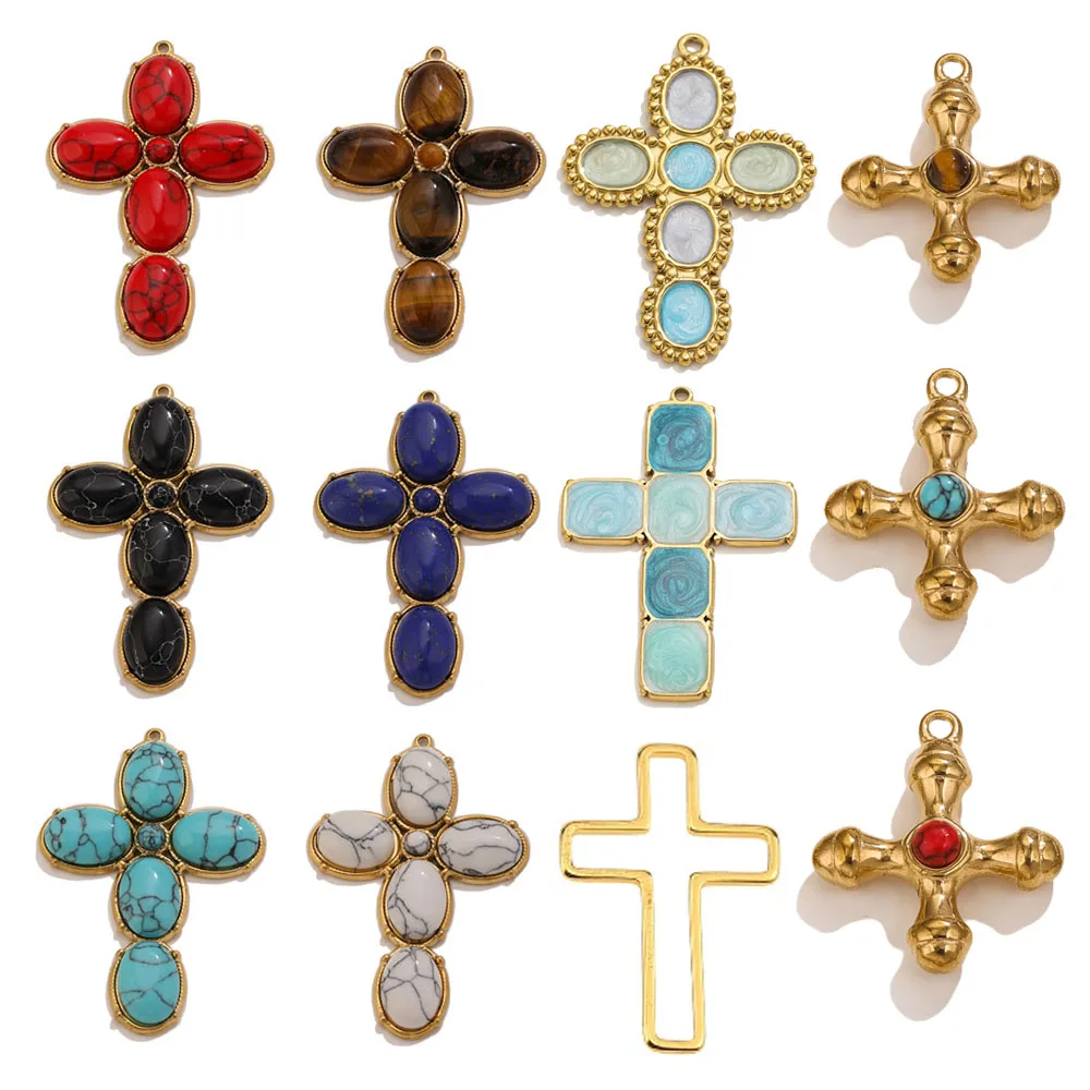 Stainless Steel Charms Vintage Natural Stone Cross Pendant for Jewelry Connectors Earrings Making Supplies DIY Jewelry Findings