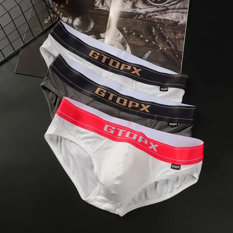 Men Sexy Briefs Ribbed Modal Thin Breath Comfort Sweat Absorption Soft Underwear Gays Low Waist U Convex Pouch Sports Underpants