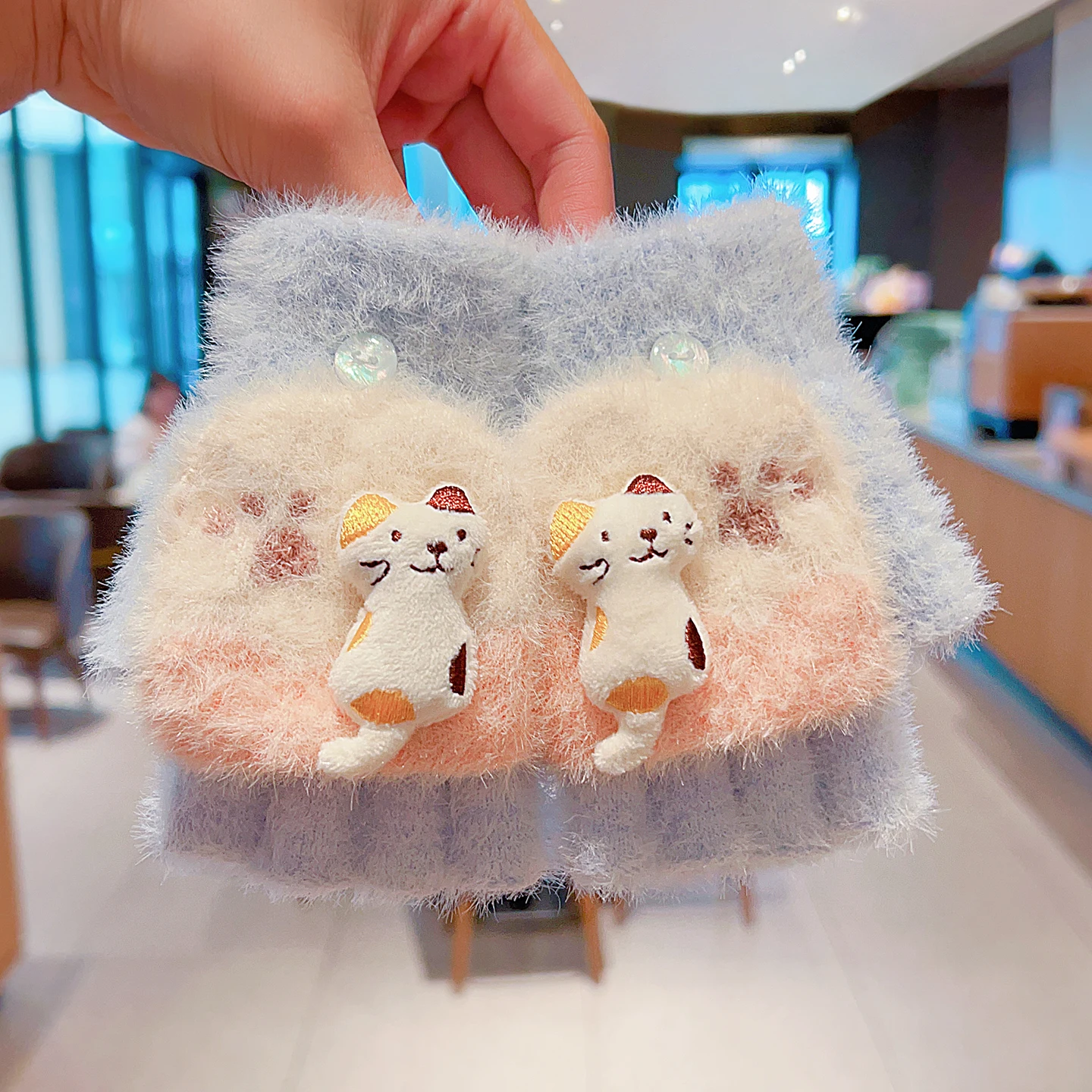 4-7Y Girls Winter 2 in 1 Convertible Flip Gloves Cute 3D Cat Decor Knitted Plush Gloves Kids Paw Print Windproof Thermal Mittens
