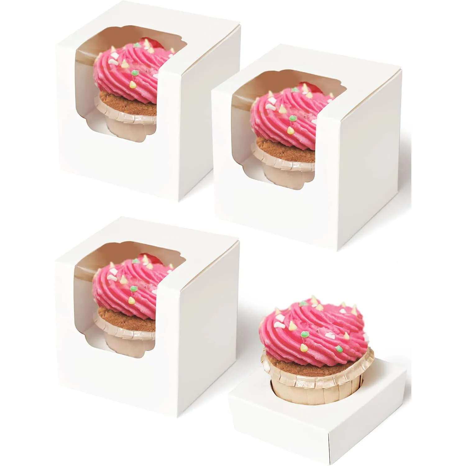 10/20/30pcs White Single Cupcake Boxes Paper with Insert and Clear Window,Fold Individual Cupcake Containers for Muffins Party