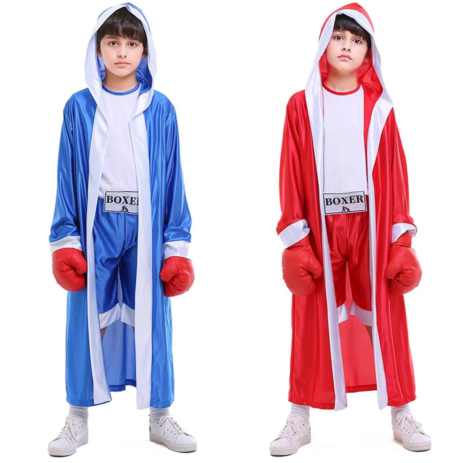 Dzieci bokser kostium czerwony niebieski szlafrok Kickboxing walka Grappling Muay Thai Cosplay dla chłopców Halloween strój