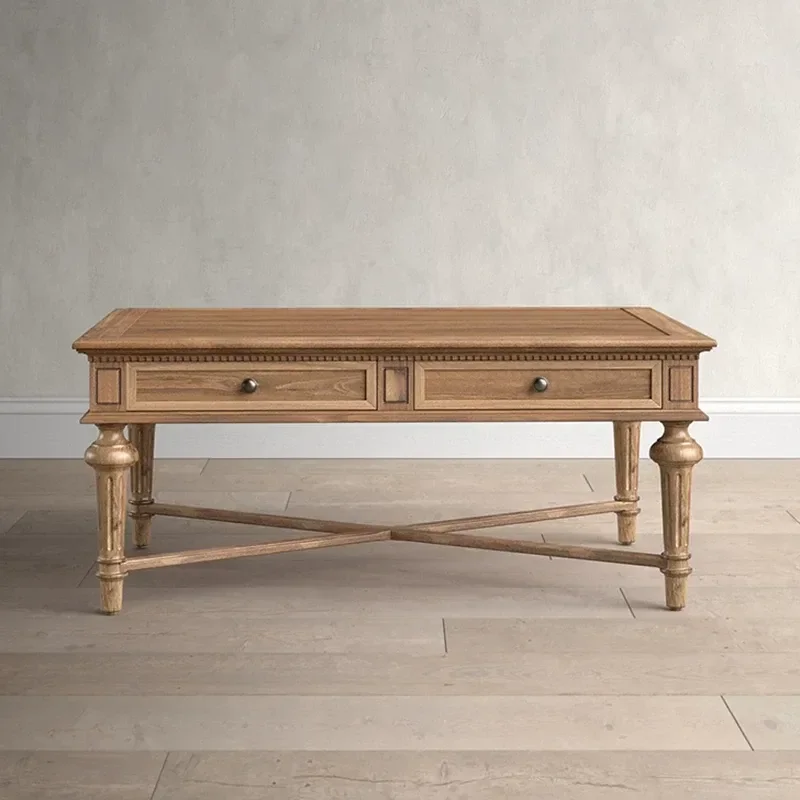 Retro Solid Wood Coffee Table Rectangular Log Edge Tea Table for Living Room Small Apartment Household Furniture