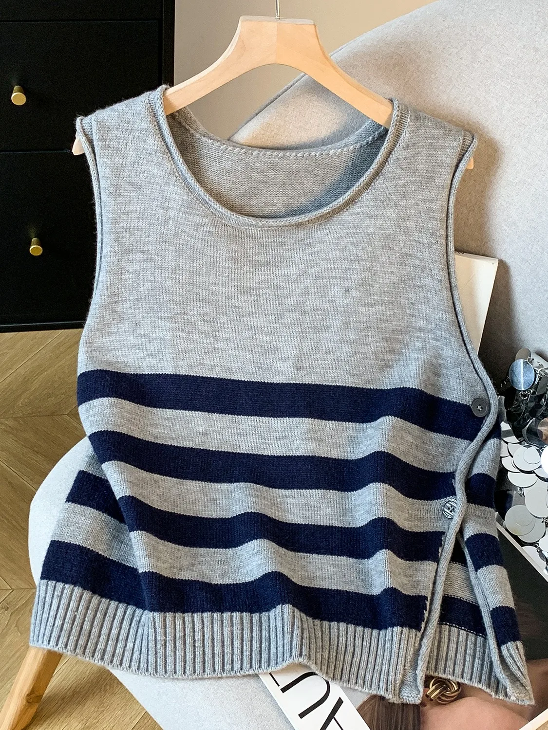 

Невобычный вязаный жилет в полоску, повседневный круглый женский топ Agel Sle, многослойный осенний спортивный жилет