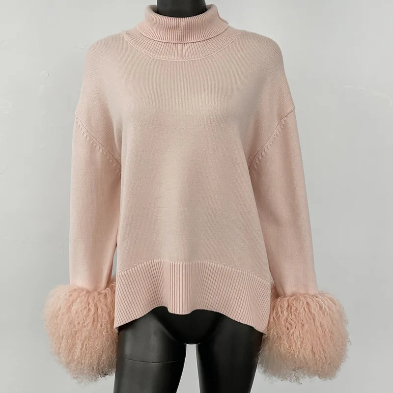 HUISONG ファッションプルオーバー女性ニットコート女性羊の毛皮ニットコート女性モンゴル羊の毛皮暖かいセーター秋冬