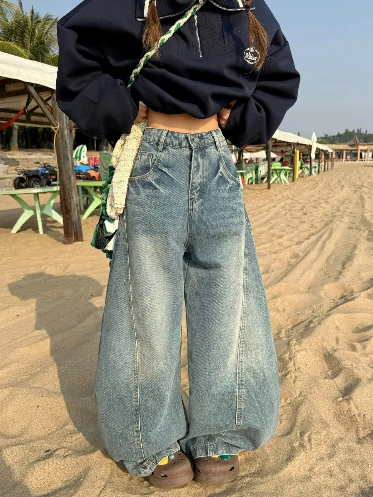 

Женские джинсы в стиле ретро в американском стиле, потертые широкие брюки Kukri Design с высокой талией