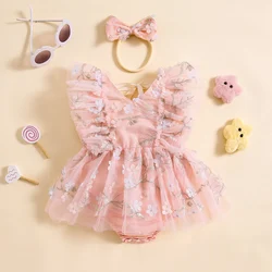 Baby Girls Rompers Dress Flower Embroidered Fly Sleeve Mesh Skirt Hem Infant Bodysuits Summer Clothes with Headband