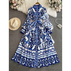 Spring Autumn Retro Palace Long Sleeved Standing Neck Waist Slim Appearance Single woman Breasted A-line Celadon Print Dress