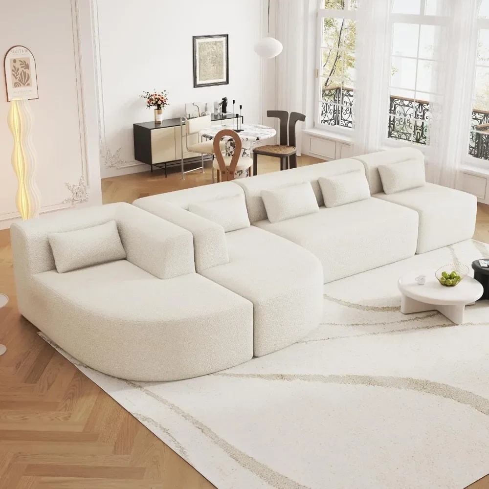 Sectional sofa, 4 free sectional sofas, modern upholstered sofa in Boucle fabric with 2 chaise longues and 5 cushions, beige