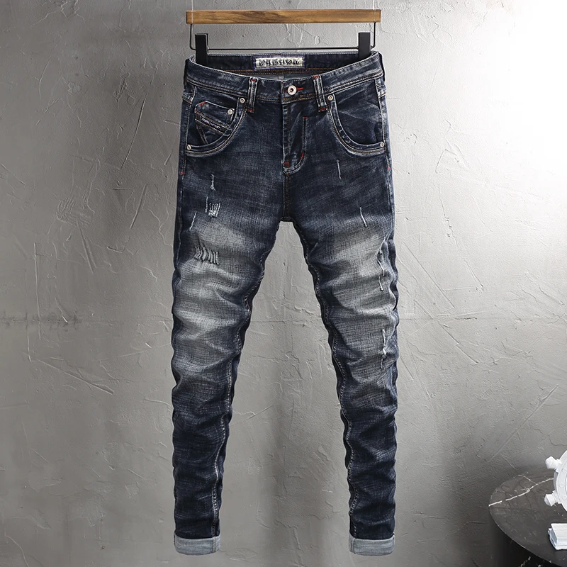 Newly Fashion Designer Men Jeans Retro Black Blue Stretch Slim Fit Ripped Jeans Men High Quality Y2K Vintage Denim Pants Hombre