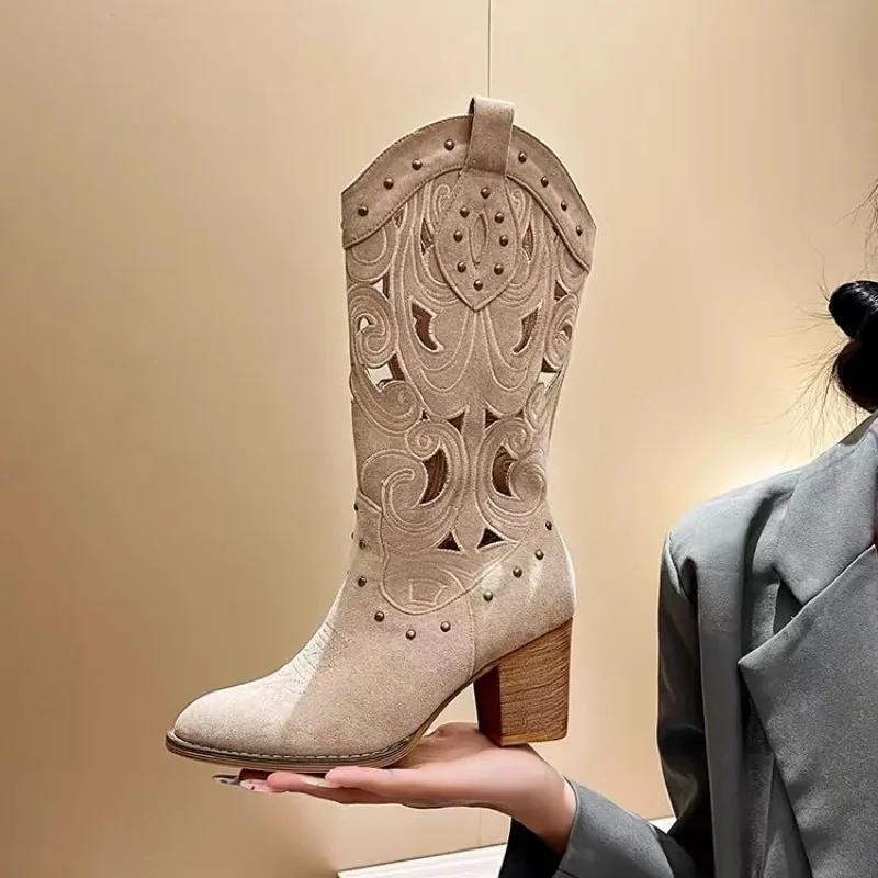 Design Hollow Embroidered Vintage Western Boots Women Autumn Chunky Heels Knee High Cowboy Boots Woman Pu Leather Knight Booties