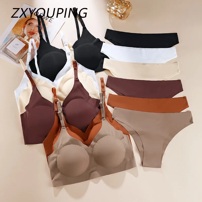 Ice Silk Seamless Bra and Panty Set Comfortable Wireless Push Up Bra Sexy Low Waist Panties Plain Color Underwear Set