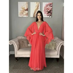 Cathy Red Chiffon V-neck Prom Dress Long Puffy Sleeves A-line فساتين سهرة Elegant Pleats Ankle-length vestidos de fiesta 2024