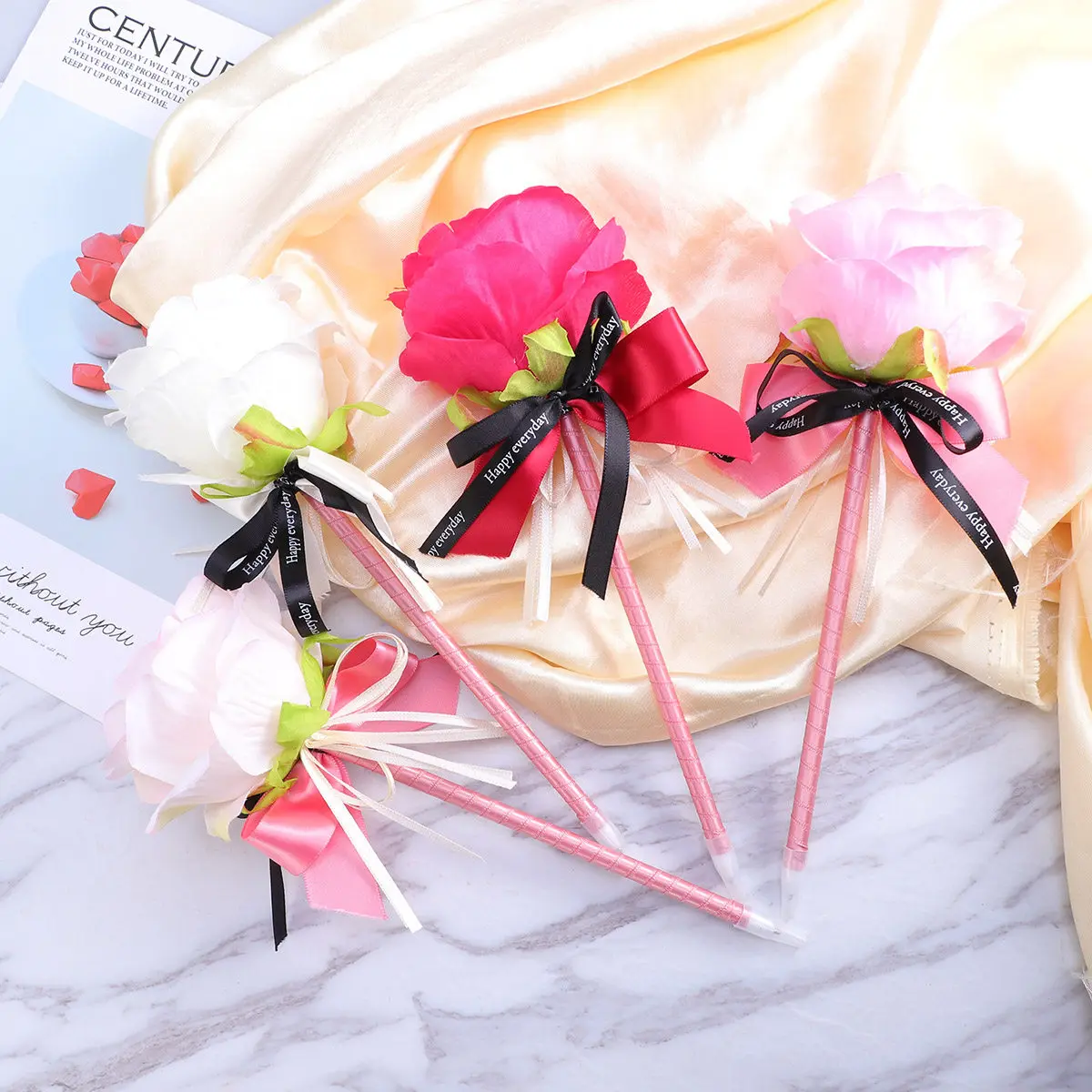 

5Pcs Artificial Flowers Ballpoint Pens Peony Design Ribbon Twist Gel Ink Pens for Students Office Home Novelty Cute Fashion