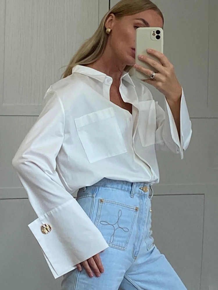 2023 Summer Autumn Women Elegant Long Sleeve Solid White Shirt Ladies Loose Blouse For Woman Female