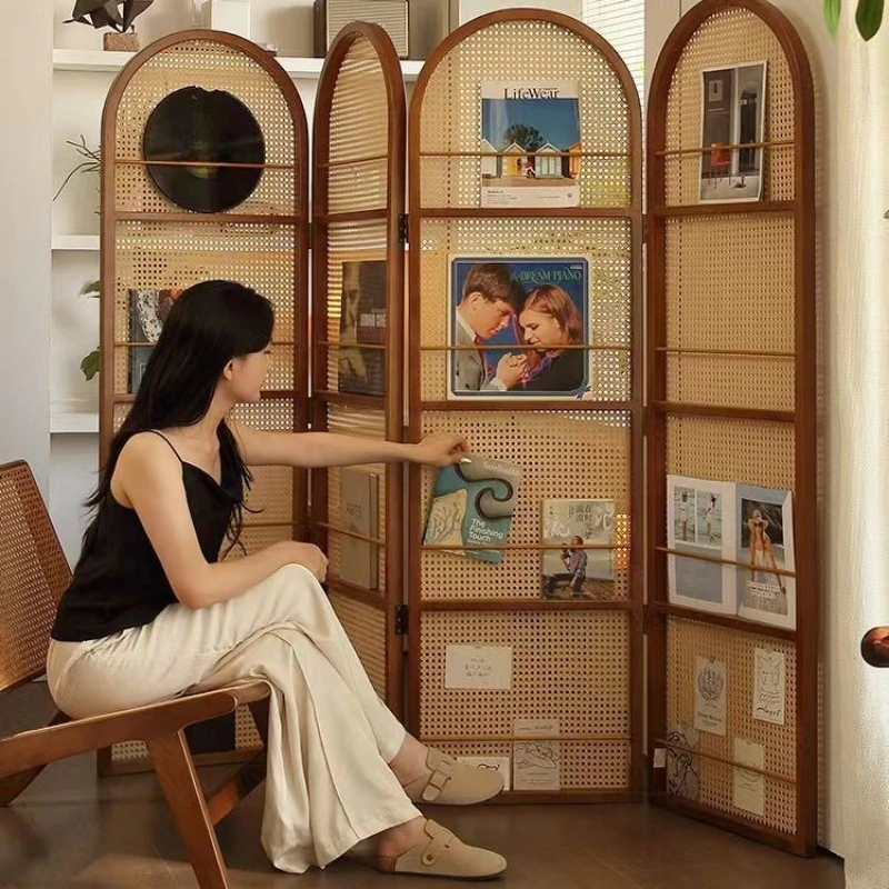 Room Divider Bamboo - Mobile rattan folding screen living room
