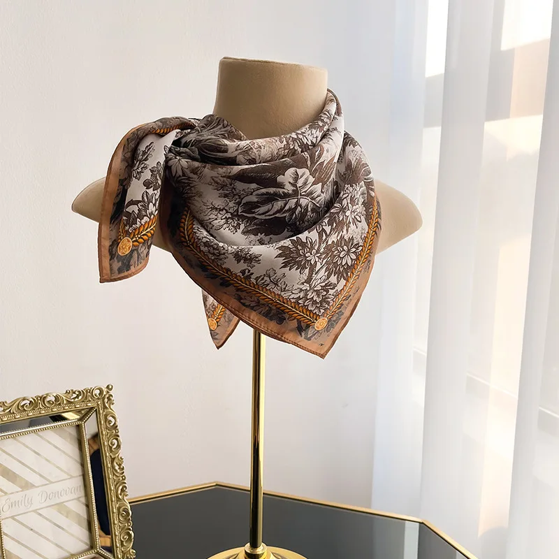 

100% Natural Silk Scarf Women Winter Printed Real Silk Brown Print Neckerchief Ladies Bandana Hair Scarf Femme Headscarf