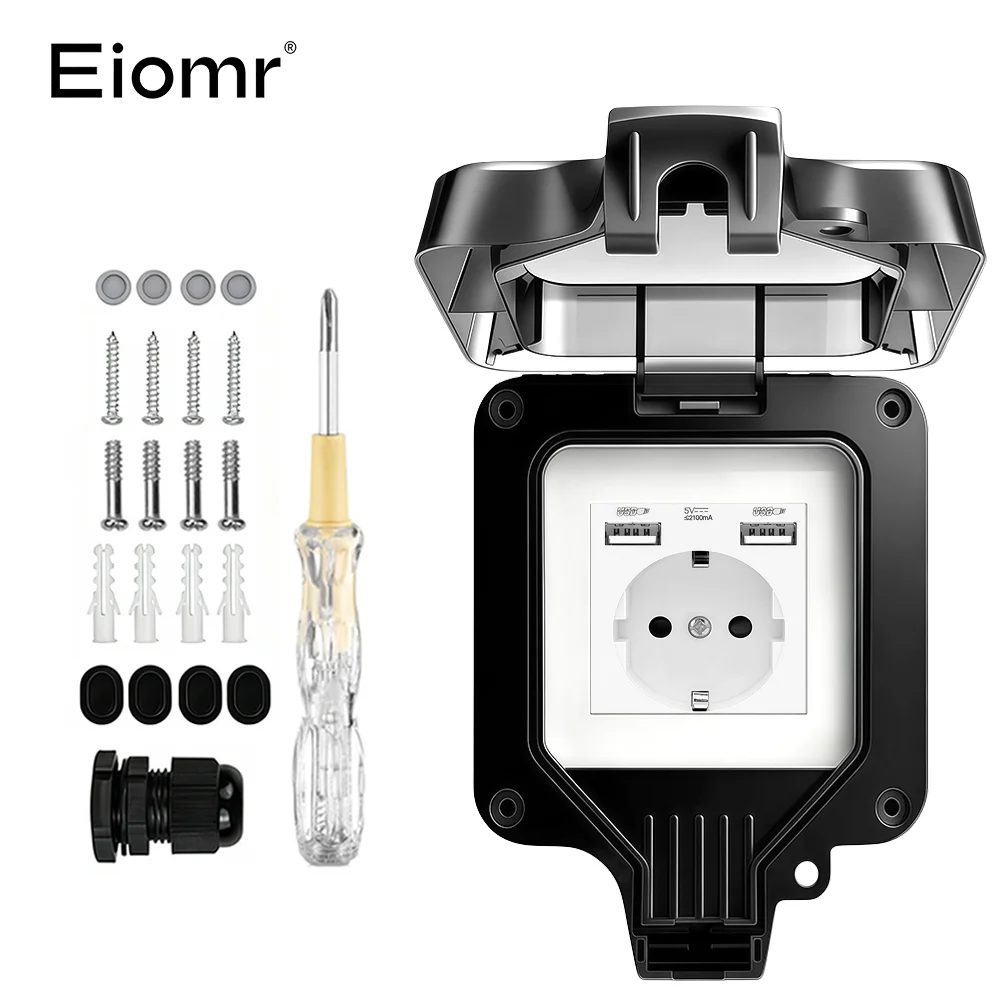 EIOMR 16A 220V IP66 wasserdichte Doppelsteckdose, schwarze Outdoor-Steckdose mit Schalter, mit Typ-C-Ladeanschluss, EU-Standardsteckdose