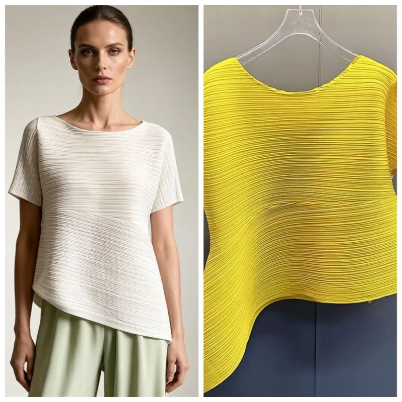 

Miyake Patchwork T-Shirt Solid Color 2025 Summer Fold T-Shirt Pleats Top Women Folded Short Sleeve Slim Irregular Design Casual