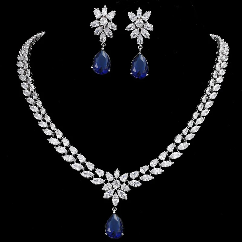 Fashion Flower Cubic Zirconia Crystal Women Earrings Necklace Sets for Brides Wedding Costume Jewelry Set AS036