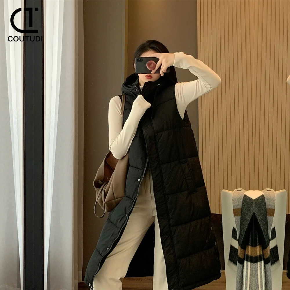 COUTUDI-Long Hooded Cotton Vest for Women, Sleeveless Coat, Puffer Jacket, Female Clothing, Winter and Autumn