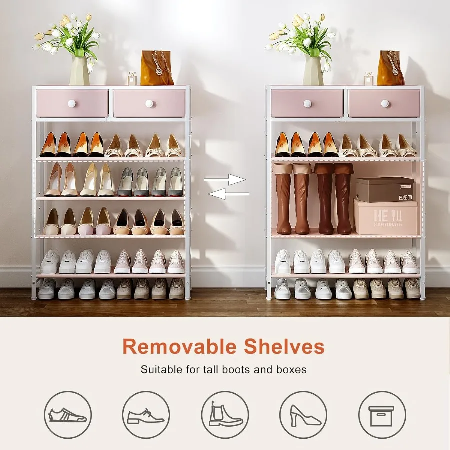 رف الأحذية منظم الأحذية 5 طبقات مع درجين تخزين الأحذية المعدنية لمدة 1620 زوجًا من الأحذية مع أرفف قماشية وسطح خشبي Na