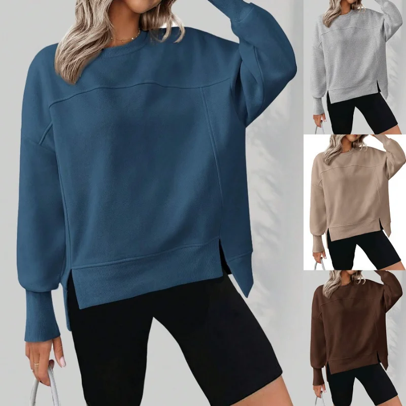 Women's European Style Autumn Winter New Style Crew Neck Long Sleeve Split Solid Color Minimalist Casual Loose Versatile Hoodie