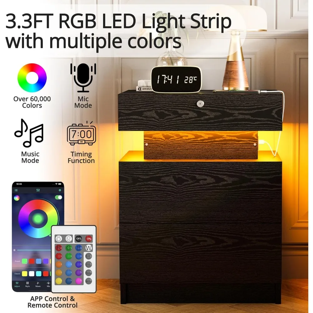 Comodino di ricarica illuminato a LED con contenitore, comodino con serratura a 3 cassetti, porte USB, dimensioni medie