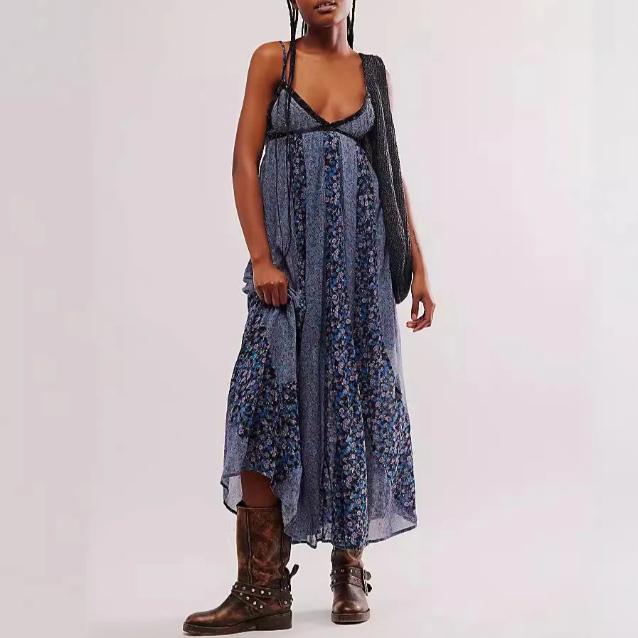 여성용 파인 소프트 쉬폰 플로럴 프린트 롱 스트랩 드레스, 보호 비치 웨어, 민소매 백리스, 깊은 V넥, 섹시한 로브, 여름